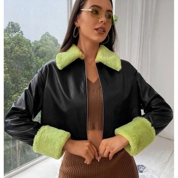 Shein Faux Leather Cropped Jacket Womens Size Small Faux Fur Trim - Picture 1 of 5